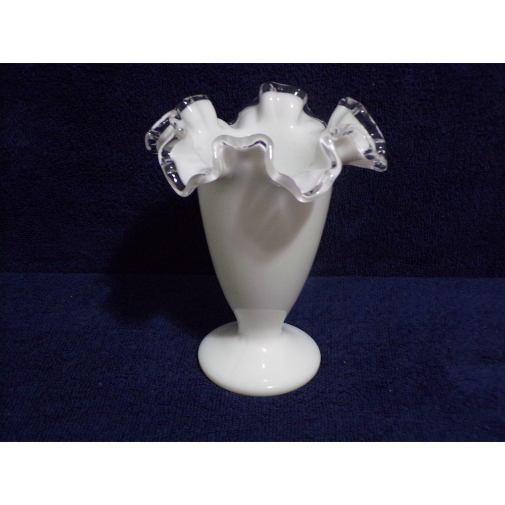 Vintage Fenton Silver Crest White Milk Glass Clear Ruffled Edge Vase 6.5" Tall